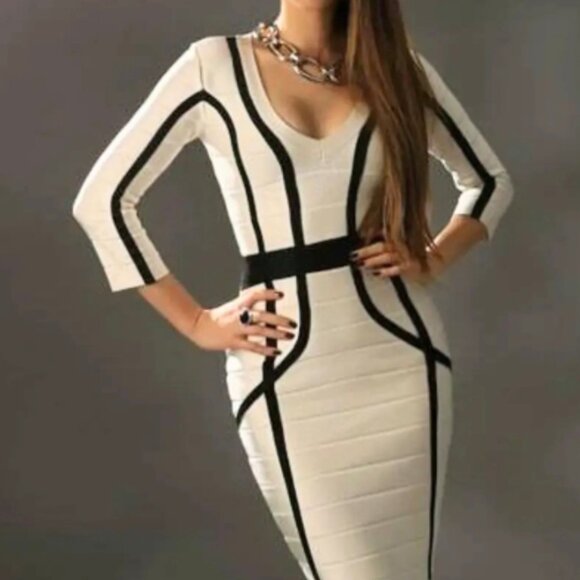 French Connection Bodycon Dress White Black Sz 6 - Picture 3 of 10